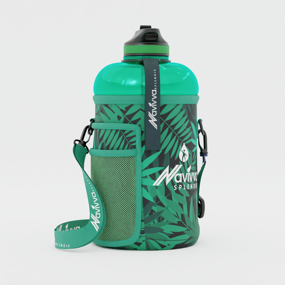 big sports water bottle in green sleeve