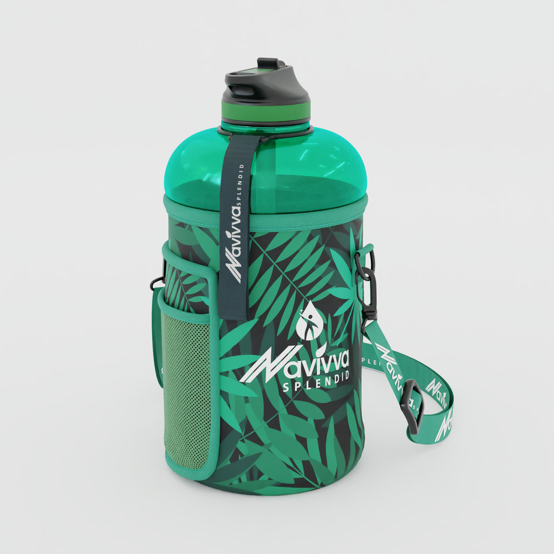 2.2 litre water bottle with green sleeve