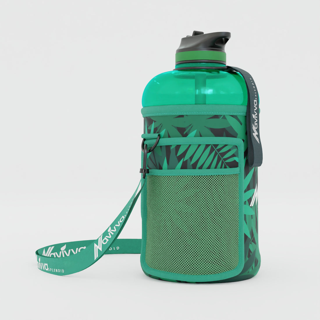 large sports water bottle in green bottle sleeve