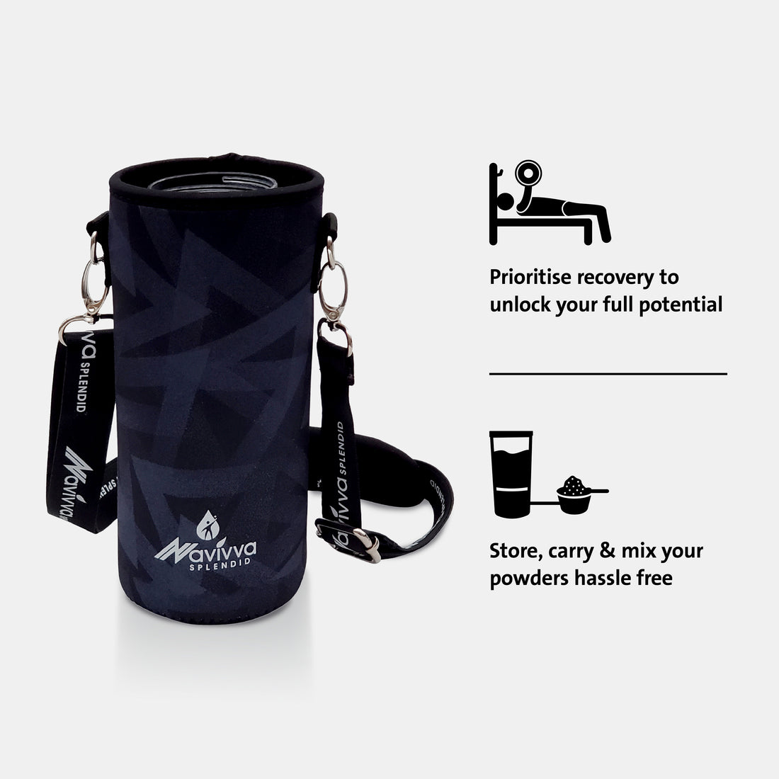 Black protein shaker bottle with features