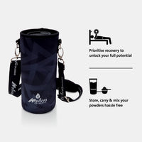 Black protein shaker bottle with features