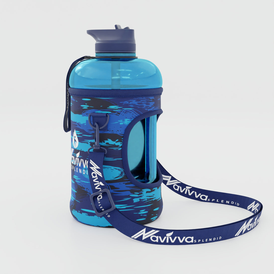 Blue water bottle with sleeve for gym